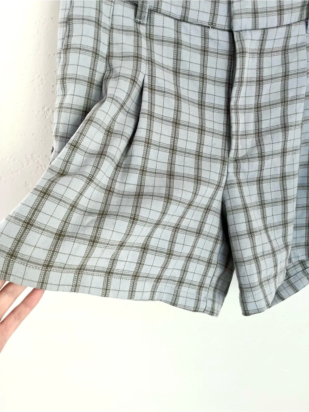 UO Light Blue Plaid High-Waist Shorts